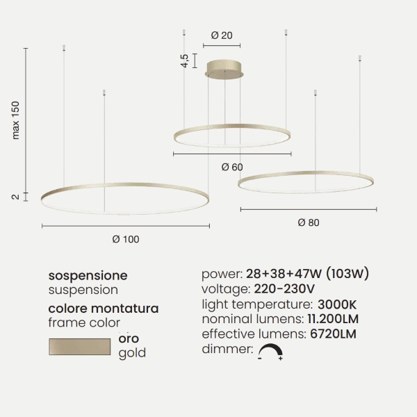 Lampada a sospensione a Led SOEL 3 Luci in metallo verniciato 200 cm ORO
