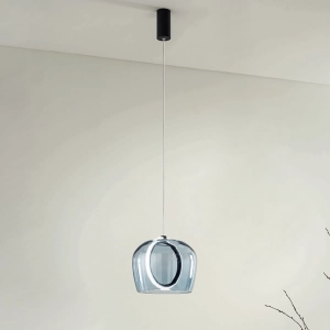 Suspension en métal noir et verre bleu canard 1 lumière PINTA D23 cm