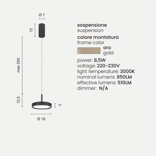 Lámpara colgante NINA de metal pintado dorado 1 luz LED D19 cm