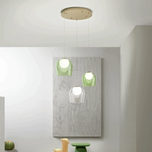 Pendant lamp in gold metal and colored glass SANTOS 3 LED lights 35 cm