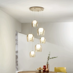 Suspension en métal doré et verre ambré SANTOS 6 lumières LED 45 cm