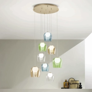 Suspension en métal doré et verre coloré SANTOS 8 lumières LED 60 cm