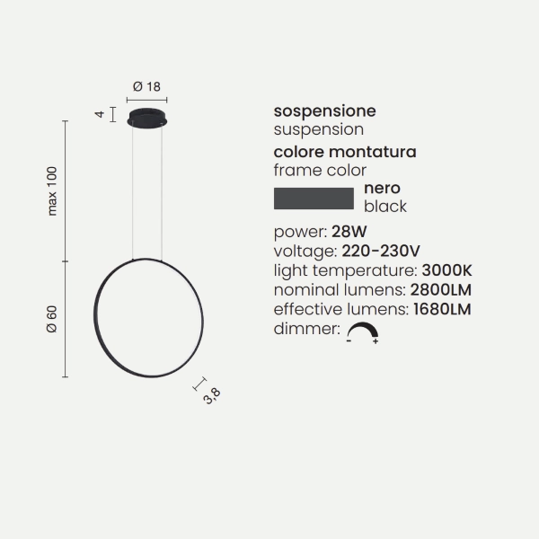 Suspension avec cercle vertical en métal noir 60 cm NOVA