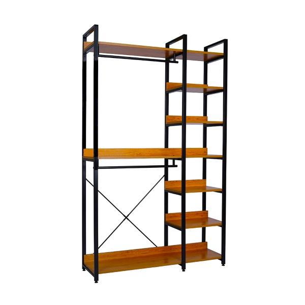 Armoire en métal 120 x 37 cm avec étagères en bois de chêne et porte-manteau double