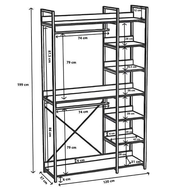 Armoire en métal 120 x 37 cm avec étagères en bois de chêne et porte-manteau double