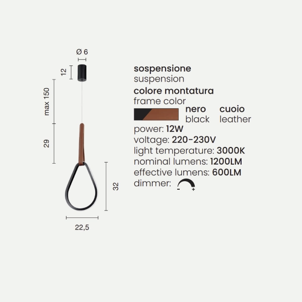 Lámpara colgante LED REGOLI de metal con elemento de ecopiel DROP D22 cm