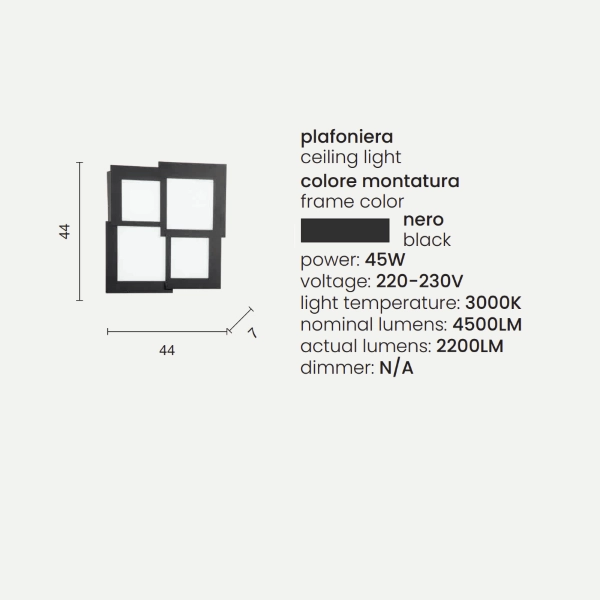 Plafón led de metal negro y difusor acrílico PASSPARTOU 44x44 cm