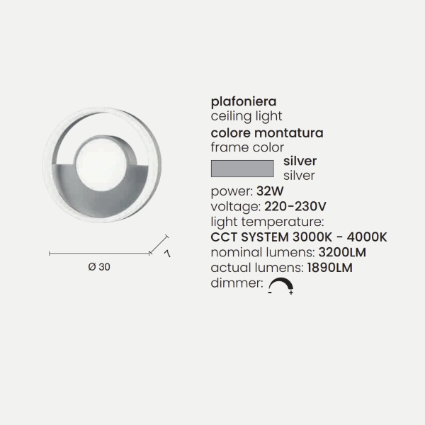 Plafón de metal plateado con difusor perimetral LED ELISA D30 cm