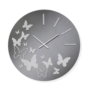 Runde Wanduhr D60 cm aus Rauchkristall BUTTERFLY