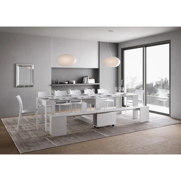 Consola ELIA extensible 90x42/302 cm con banco inferior Fresno Blanco