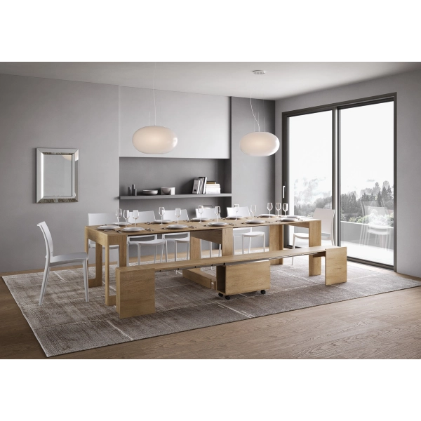 Consola ELIA extensible 90x42/302 cm con banco inferior roble
