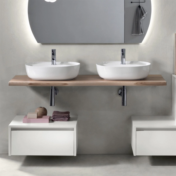 Etagère lavabo de salle de bain suspendue en bois naturel BREIS 140 cm