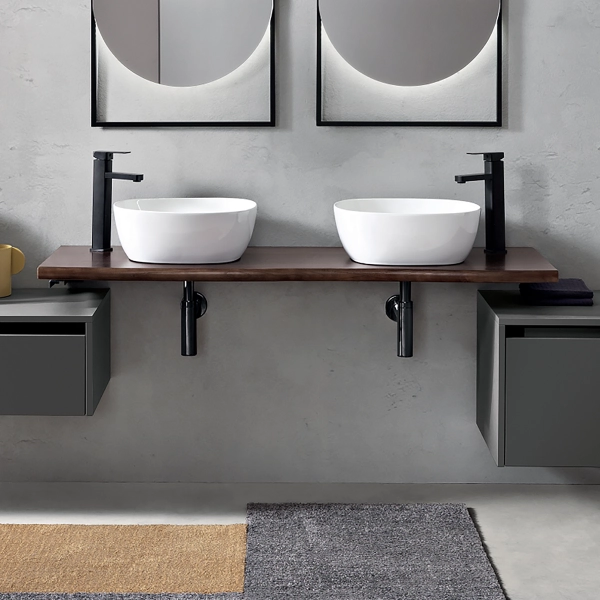 Etagère lavabo de salle de bain suspendue en bois noyer BREIS 140 cm