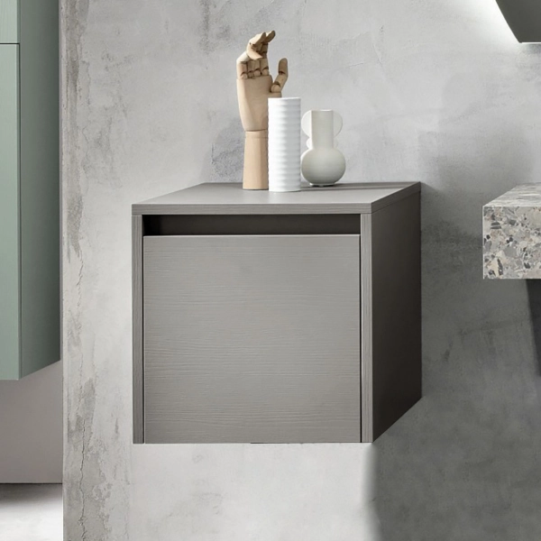 Meuble de salle de bain suspendu 1 porte 40 cm en mélaminé frêne gris tourterelle PIAVE