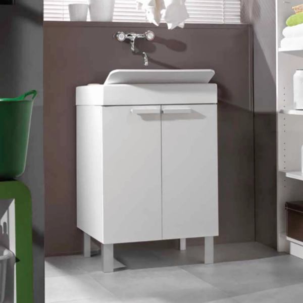 Meuble sous lavabo en bois blanc avec 2 portes et cuve en résine 59x51 cm