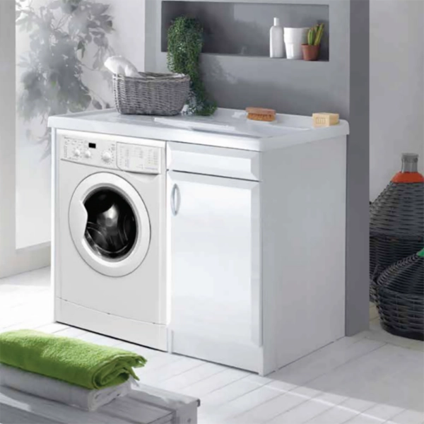 Meuble de lavage 109x60 cm en PVC avec cuve en résine pour lave-linge à droite Blanc