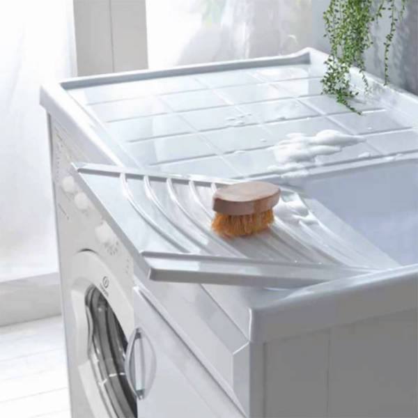 Meuble de lavage 109x60 cm en PVC avec cuve en résine pour lave-linge à droite Blanc