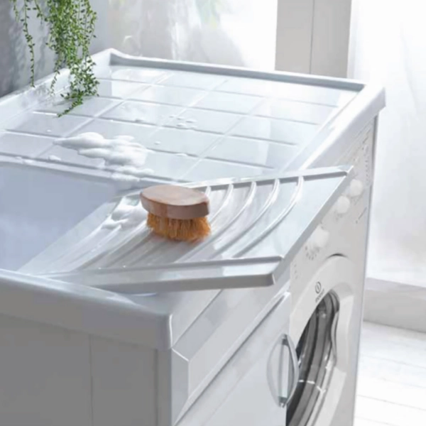 Meuble de lavage 105x60 cm en PVC avec cuve en résine pour lave-linge à gauche Blanc