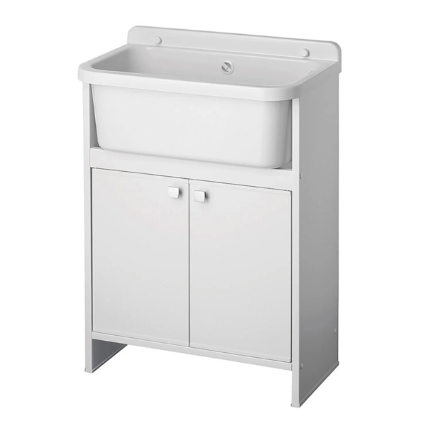 Meuble évier en PVC blanc avec cuve à insert 55x34 cm et 2 portes