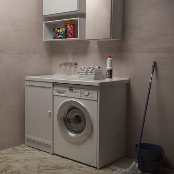 Salle d'eau avec volet en PVC Blanc 109x60 avec cuve lave-linge en résine SX