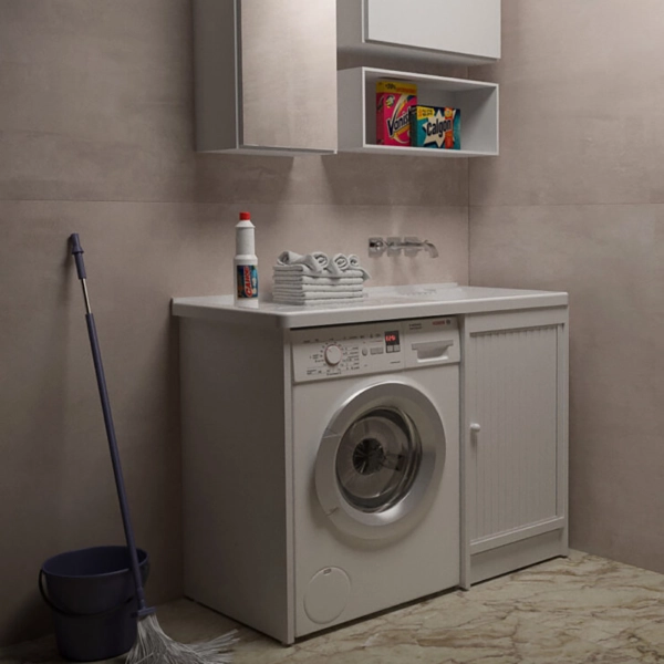 Salle d'eau avec volet en PVC Blanc 109x60 avec cuve lave-linge en résine à droite