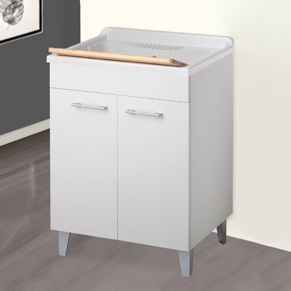 Meuble lavabo 2 portes en bois blanc avec cuve ABS 60x60 cm