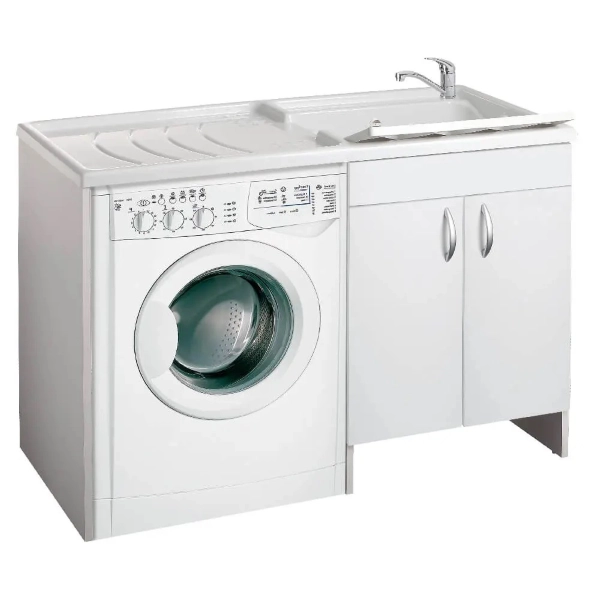 Évier lave-linge en bois blanc avec 2 portes 124x60 et cuve plastique droite