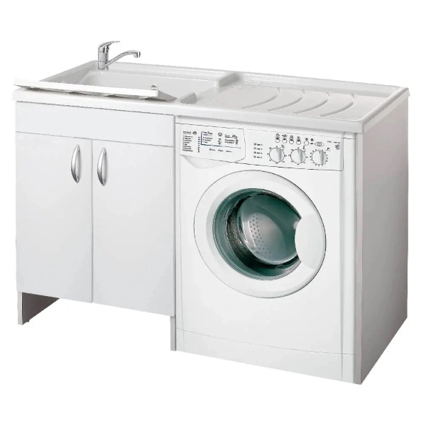 Évier lave-linge en bois blanc avec 2 portes 124x60 et cuve en plastique à gauche