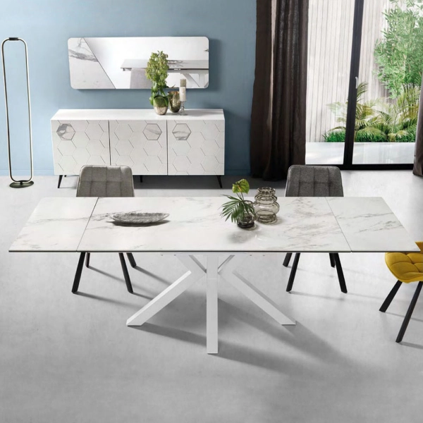 Mesa de comedor extensible tapa de gres porcelánico 240 cm JACKY blanco
