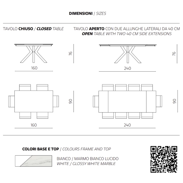 Mesa de comedor extensible tapa de gres porcelánico 240 cm JACKY blanco
