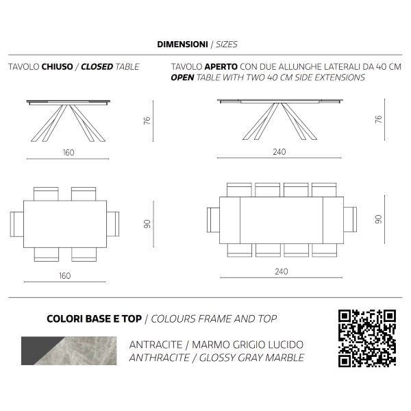 Mesa extensible 240 cm NESTORE tapa de gres porcelánico gris