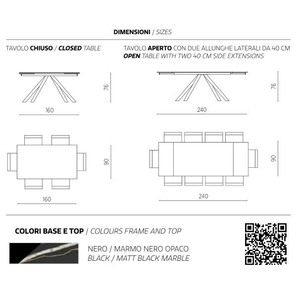 Mesa extensible 240 cm NESTORE Tapa gres porcelánico negro