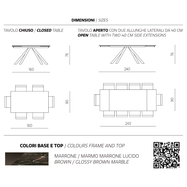 Mesa extensible 240 cm NESTORE Tapa gres porcelánico marrón