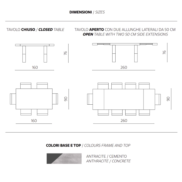 Mesa ampliable a 260 cm con estructura en laminado efecto madera PARIDE, CEMENTO