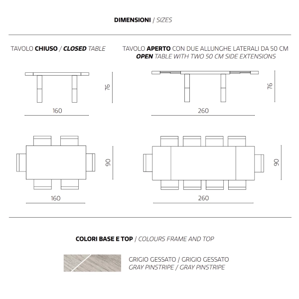 Mesa extensible hasta 260 cm con estructura en laminado efecto madera raya diplomática gris PARIDE