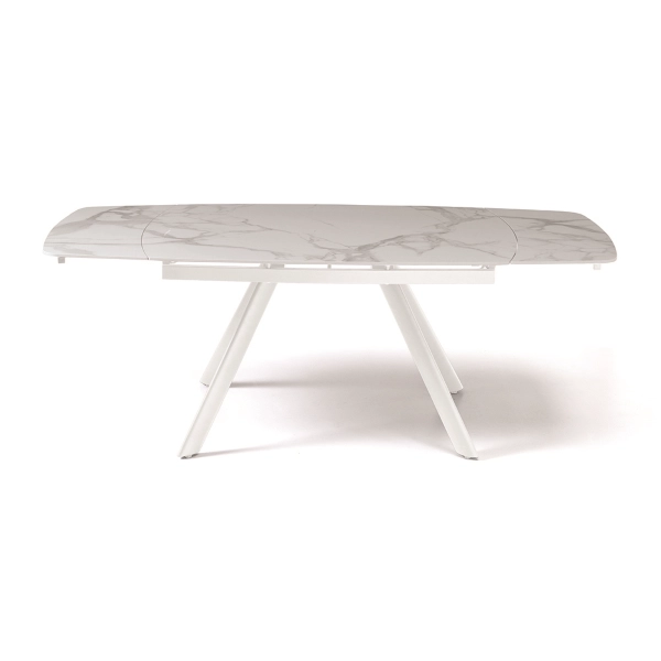 Mesa moderna TERENCE extensible a 210 cms con base de metal y tapa Efecto Mármol Blanco