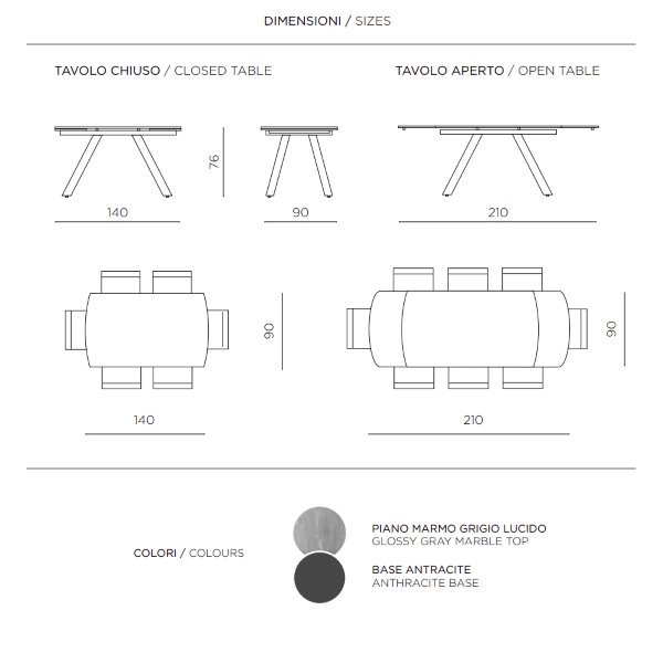 Mesa moderna TERENCE extensible a 210 cms con base de metal y tapa Efecto Mármol Gris