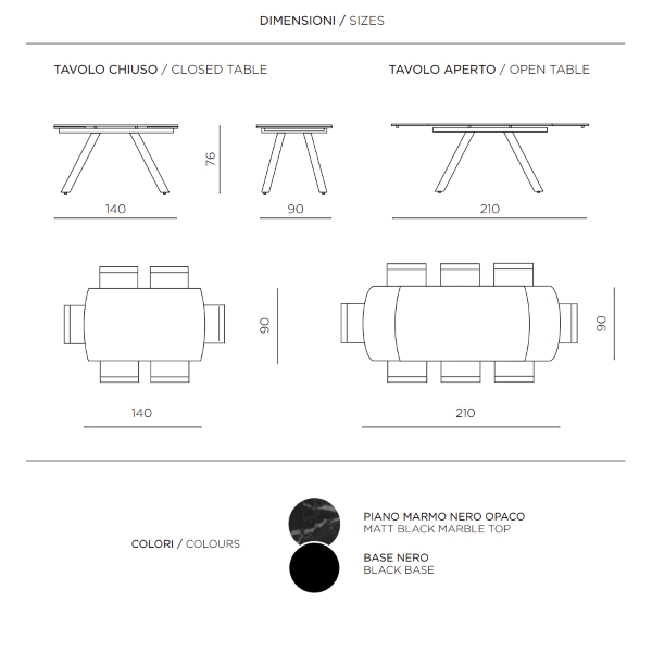 Mesa moderna TERENCE extensible a 210 cms con base de metal y tapa Efecto Mármol Negro