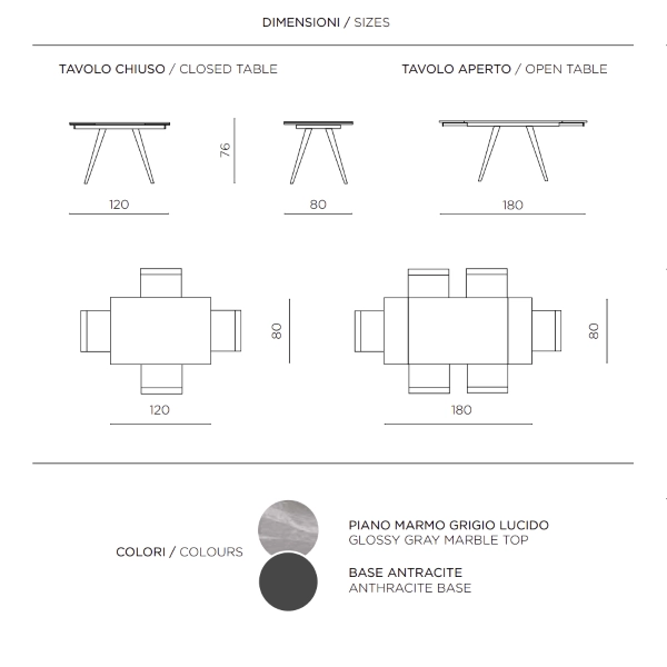 Mesa con sobre efecto Mármol Gris y base metálica extensible hasta 180 cms ORESTE