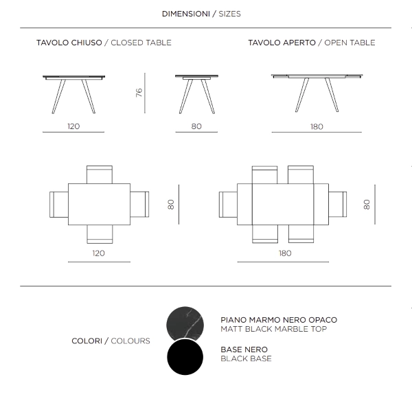 Mesa ORESTE con tapa efecto mármol negro y base de metal extensible hasta 180 cms