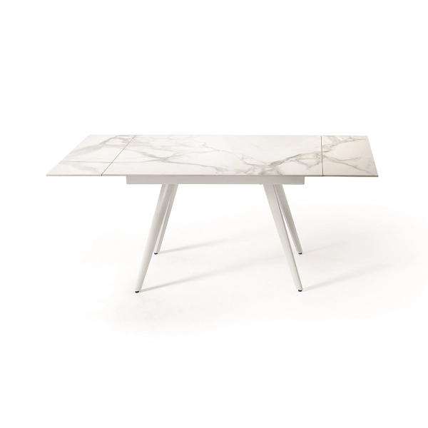 Mesa ORESTE con tapa efecto mármol blanco y base de metal extensible hasta 180 cms