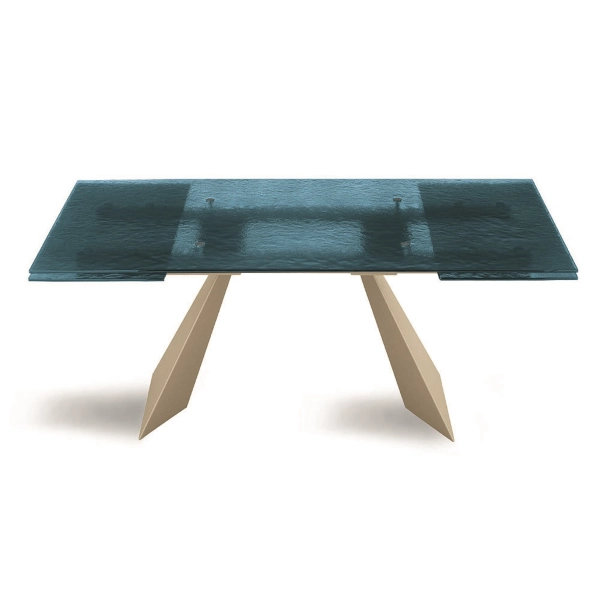 Mesa extensible WATERS 240 cm con base de metal Beige y tapa de cristal Azul