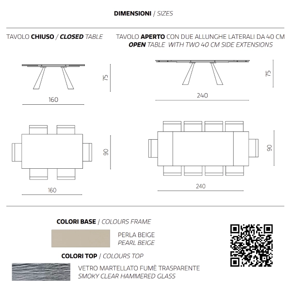 Mesa extensible WATERS 240 cm con base de metal Beige y tapa de cristal ahumado