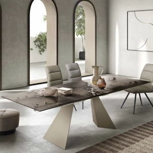 Table extensible WATERS 240 cm avec piètement en métal Beige et plateau en verre Bronze