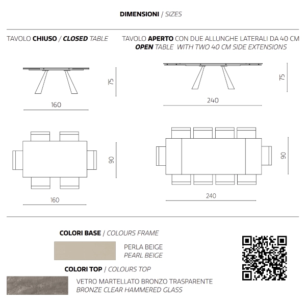 Mesa extensible WATERS 240 cm con base de metal Beige y tapa de cristal Bronce