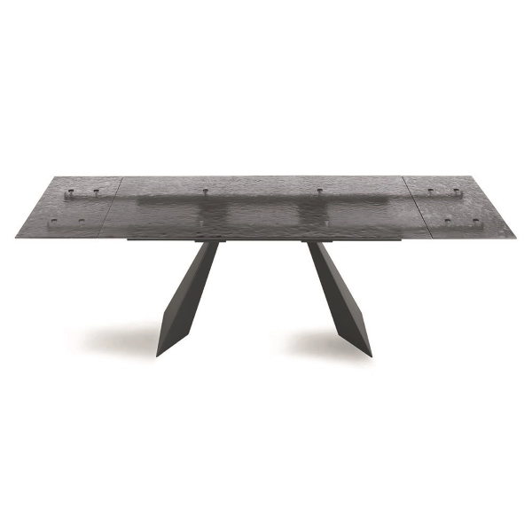 Mesa extensible WATERS de 240 cm con base de metal negro y tapa de cristal ahumado