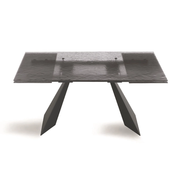 Mesa extensible WATERS de 240 cm con base de metal negro y tapa de cristal ahumado
