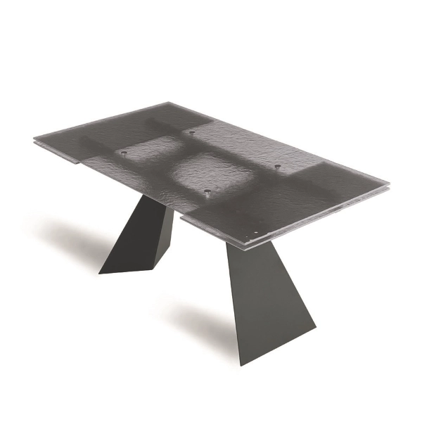 Mesa extensible WATERS de 240 cm con base de metal negro y tapa de cristal ahumado