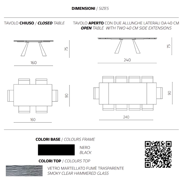 Mesa extensible WATERS de 240 cm con base de metal negro y tapa de cristal ahumado