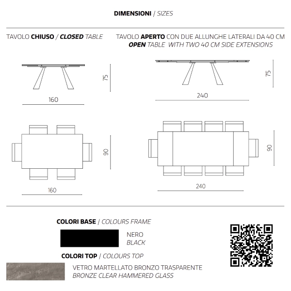 Mesa extensible WATERS 240 cm con base de metal Negro y tapa de cristal Bronce
